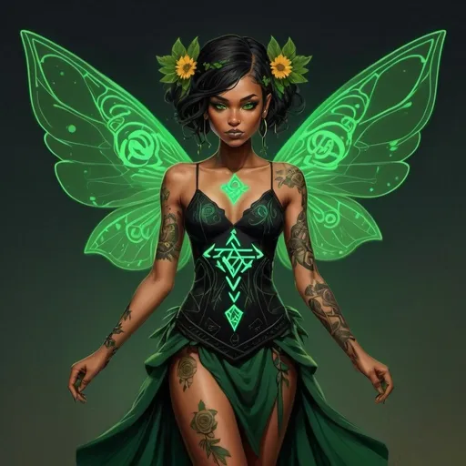 Prompt: black earthy fairy with green glowing fairy wings and a green dress with flowers and runic tattoos 