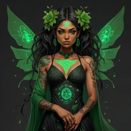 Prompt: black earthy fairy with green glowing fairy wings and a green dress with flowers and runic tattoos 