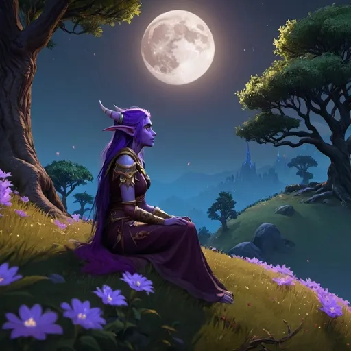 Prompt: a female druid night elf sitting on a flowery hill in teldrassil looking at a moon