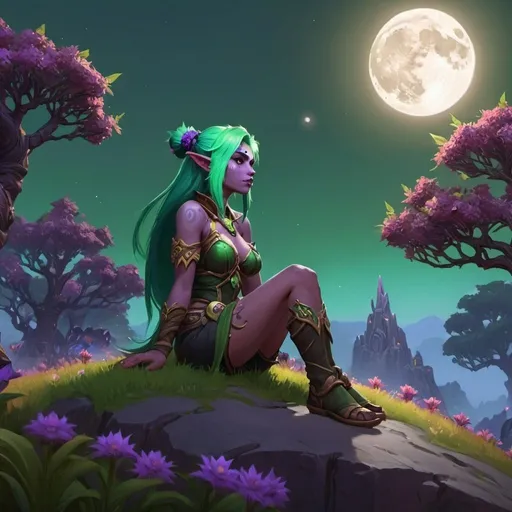 Prompt: a world of warcraft female druid night elf with green hair sitting on a flowery hill in teldrassil looking at a moon