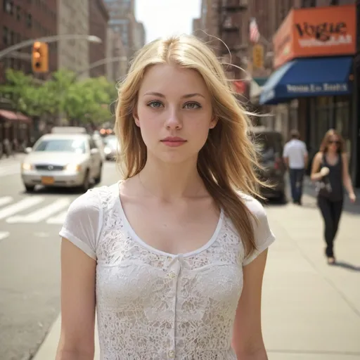 Prompt: A young white female woman, 22 years old, very attractive, dressed in fashionable daywear circa 2009, in a NYC street, shot full-frame in 9:16 format, daylit, like a vogue ad