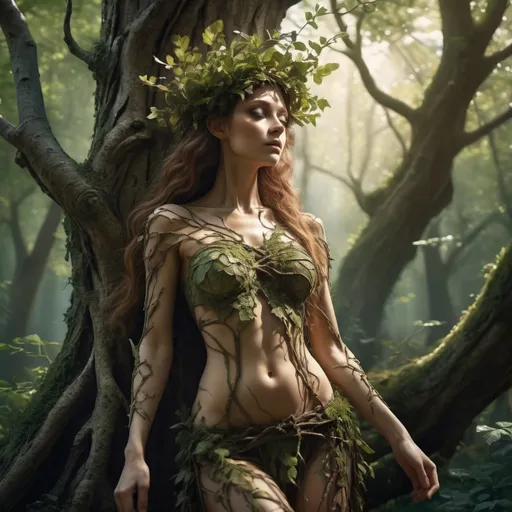 Prompt: full body, (breathtaking concept of dryads), emerging from an enchanted forest, (bark-like skin), intricate detailing of branches and leaves covering their forms, (medieval fantasy), moody and mystical ambiance, dappled sunlight filtering through the foliage, (4K), ultra-detailed texture, capturing the ethereal beauty and ancient wisdom of nature, deep greens and browns blending harmoniously in the scene.