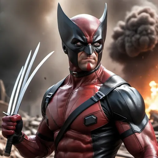 Prompt: Create a hyperrealistic image featuring Wolverine and Deadpool standing back-to-back against a dramatic explosion backdrop.- **Deadpool:**  - In his iconic red and black costume.  - Holding dual katanas, with detailed attention to the textures and grip of the swords.  - Display a confident, playful expression, with his mask showcasing his eyes.- **Wolverine:**  - In his classic black and yellow costume.  - Displaying three adamantium claws extended from each hand, with detailed attention to the claws' metallic sheen and alignment with his knuckles.  - Show his fierce expression, with a focus on his intense gaze and iconic hairstyle.- **Scene:**  - Both characters are standing back-to-back, exuding confidence and readiness for battle.  - The background features a dramatic explosion, with fiery colors and debris, adding intensity to the scene.  - Use dynamic lighting to highlight the characters, emphasizing the realism of their costumes, weapons, and expressions.Ensure that both characters are accurately and distinctly portrayed, capturing their unique features and film-inspired looks with high detail and realism.