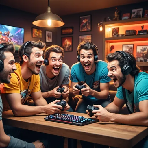 Prompt: realistic goofy men gaming