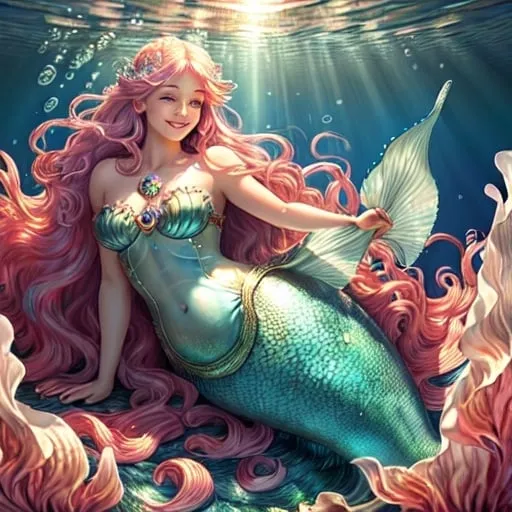 Prompt: Detailed, high quality, realistic and whimsical illustration of a smiling mermaid, with flowing hair and sparkling scales, underwater setting with vibrant marine life, sunlight filtering through the water, fantasy, vibrant colors, detailed scales, flowing hair, whimsical, underwater, vibrant marine life, sunlight filtering, high quality, realistic, whimsical illustration
