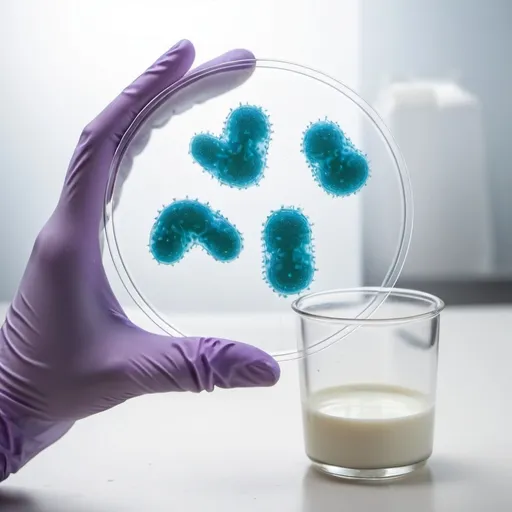 Prompt: hand with glove holding bacteria petri plate and milk cup in the backround
