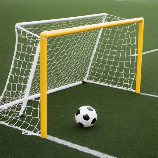 Prompt: Soccer goal with yellow black striped crossbar 