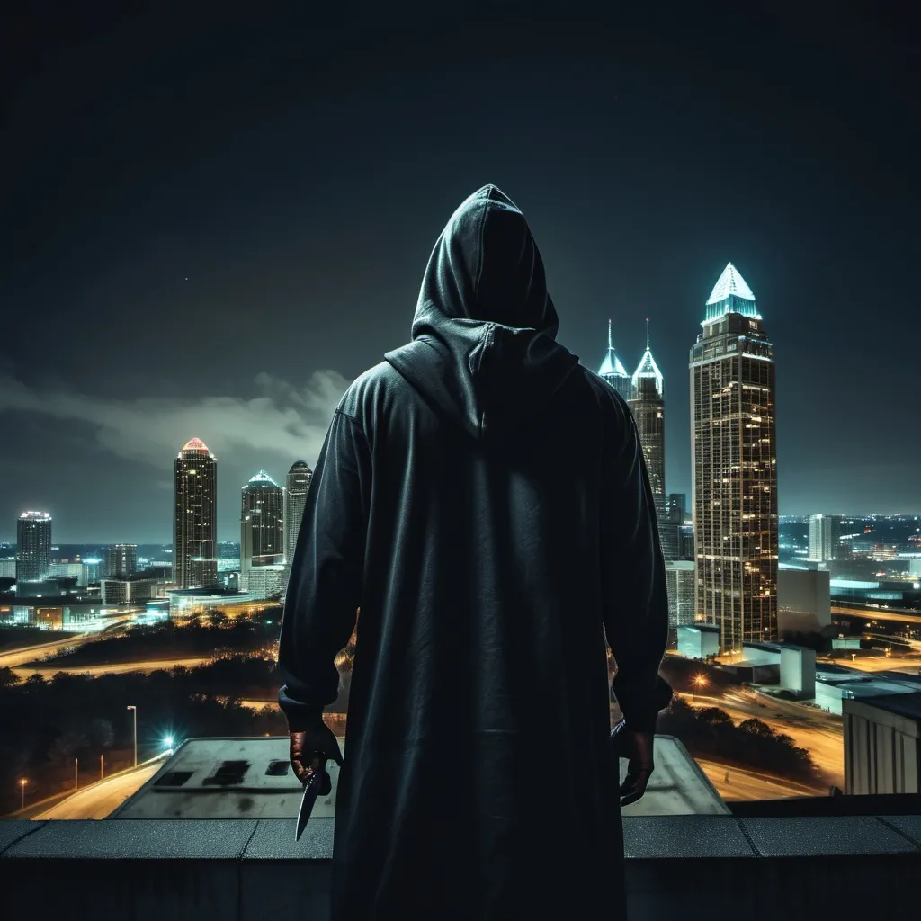 Prompt: a menacing figure wearing a hood standing at the top of a building holding a knife at night looking at the skyline of Atlanta