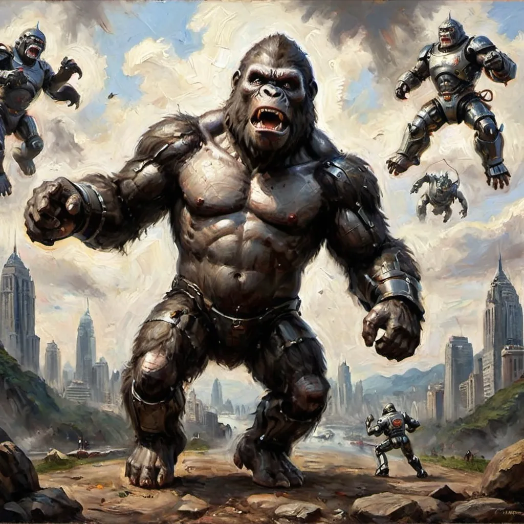 Prompt: realistic king kong with armor robot suit  on body, jumping toward to front (camera view) with angry face