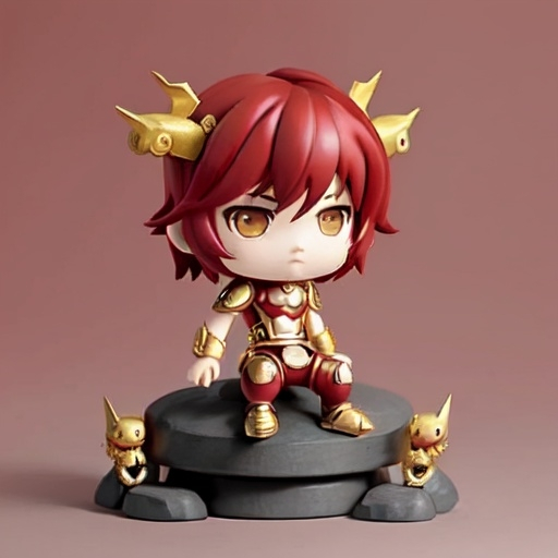 Prompt: gatot kaca sitting on stone chibi style, dark red and gold suit