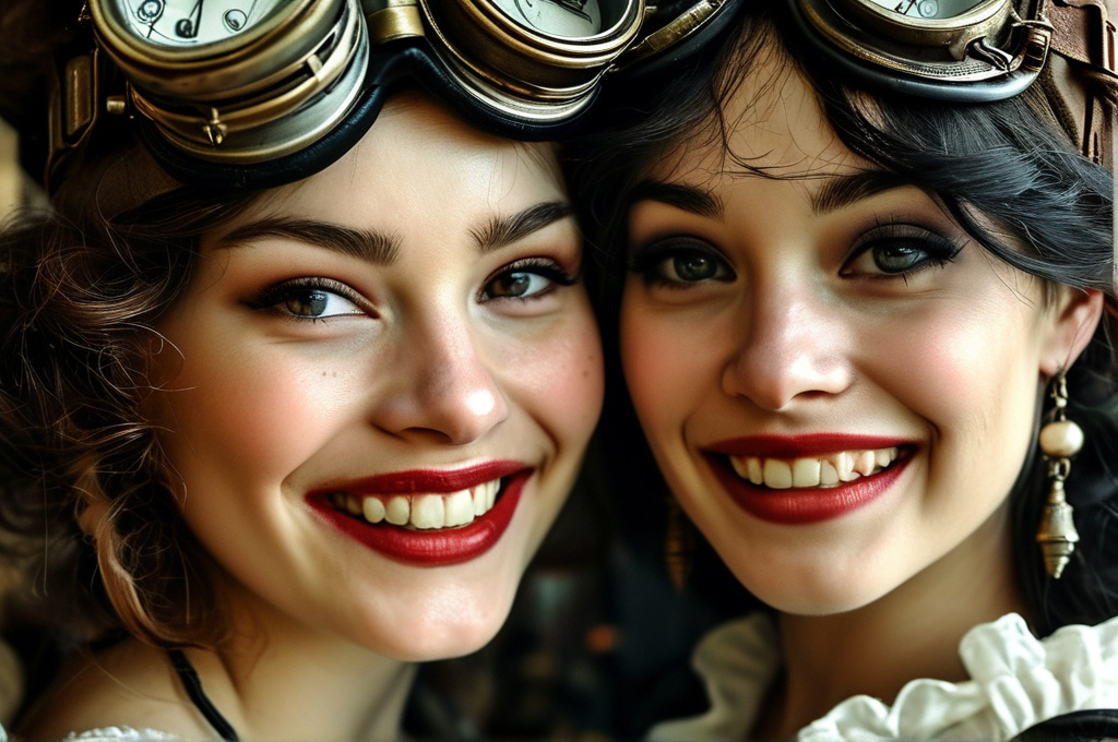 Prompt: steampunk women smiling like devil, close up fuul face and head