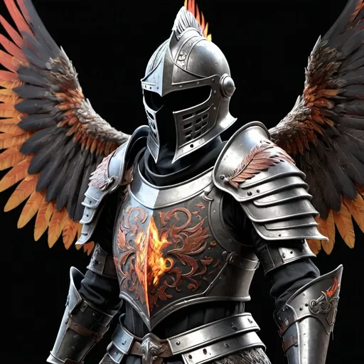 Prompt: 3d model, octane render volumetric, highly detailed videogame, hyper realistic knight warrior with steel wings and mask , the helmet has a little metal wings ,  holding sword with fire on the grip,  the body armor has dark shade colors with hyper detail batik looks, 3D character, arround the character fire feather drop from the top, 