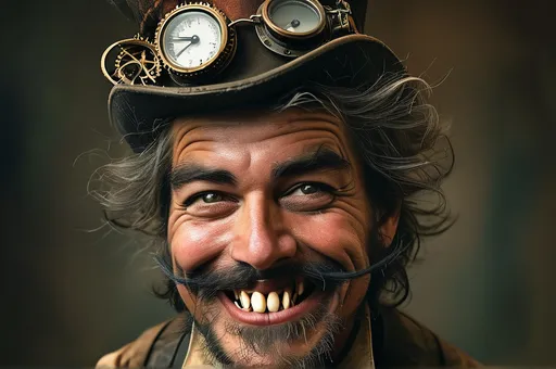 Prompt: steampunk man smiling like devil fangs