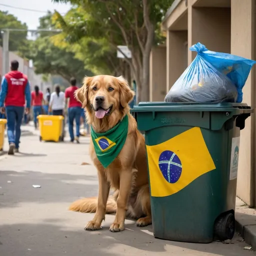 Prompt: image of a street, homeless, male dark caramel dog. It has a brazilian flag bandana. It is trying to open a trash bin, with trash falling over.  On the background, there is a school, with several golden retrievers wearing first world country bandanas, lining up for class.