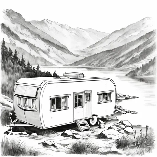 Prompt: Vintage clipart drawing of living trailer in a view of lake and hils, black and white, pencil drawing