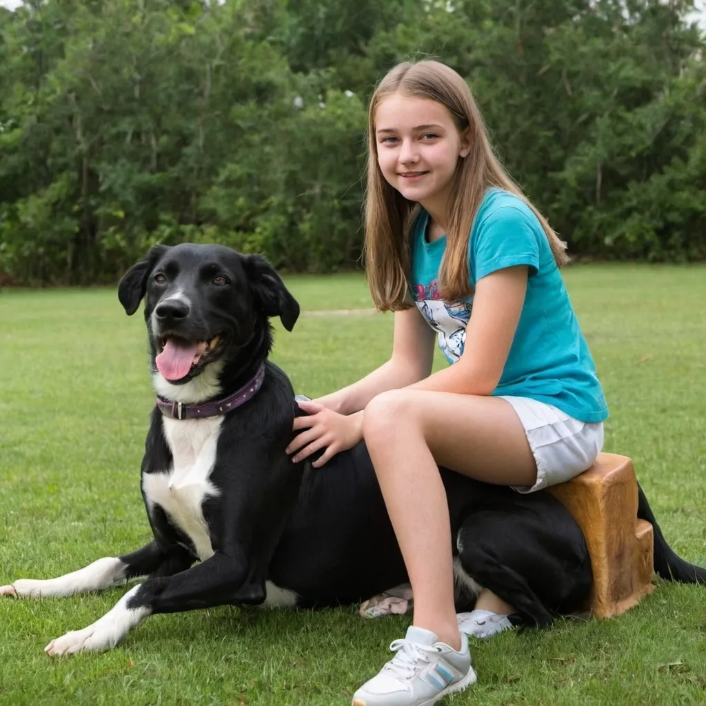 Prompt: A 15 year old girl sitting on a dog