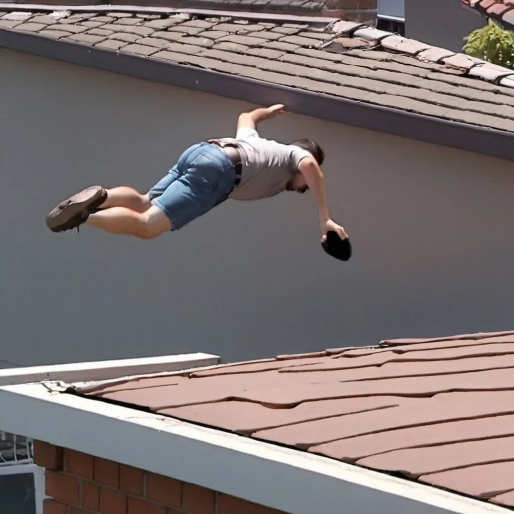 Prompt: guy falling off roof caught on cctv