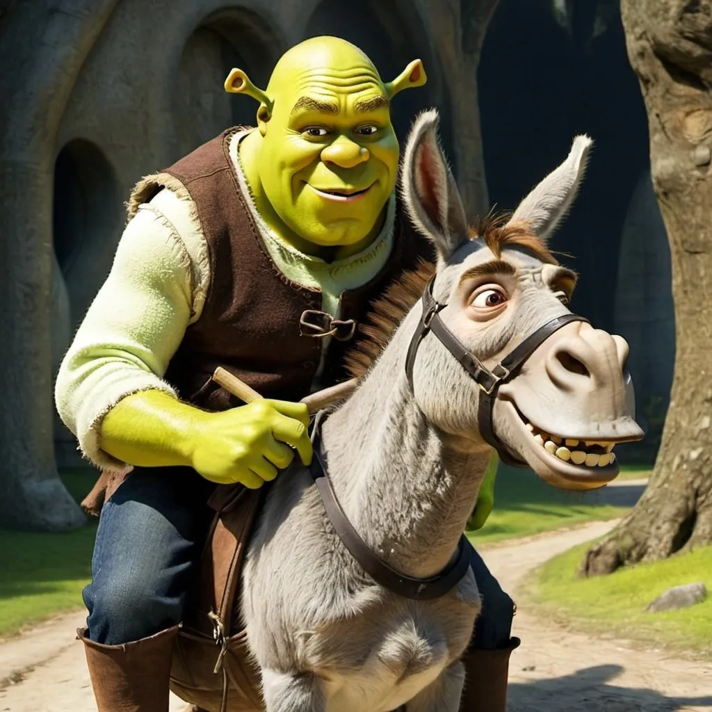 Prompt: shrek riding donkey doing heroin