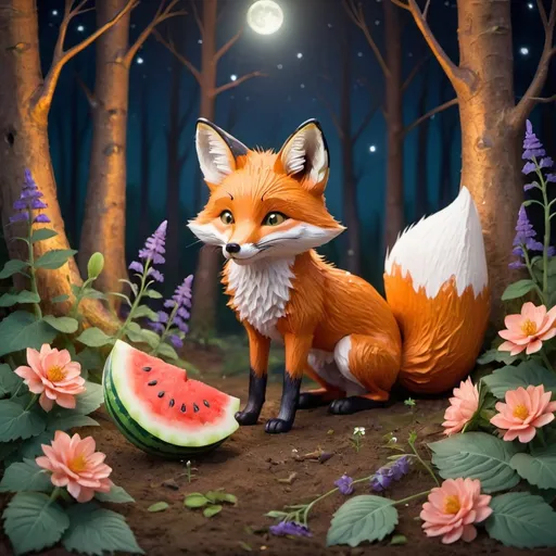 Prompt: one little fox is in the forest at night. The fox has levander flowers on ears, golden medal and it is eating a watermelon.