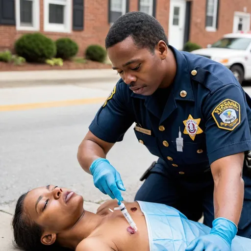 Prompt: African American paramedic working in the streets with syringe in a Virginia navy blue uniform looking at victim 
