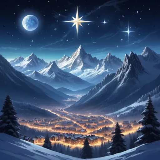 Prompt: Velaris the city of starlight in the high winter mountains and  three mountains  in the background with three big stars on top and night start skies
