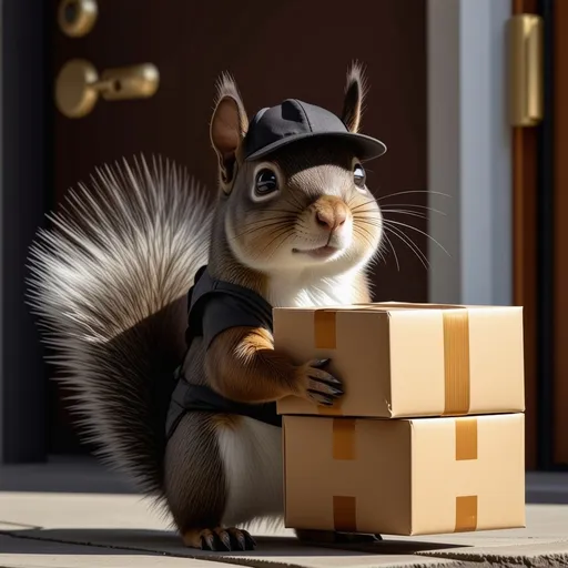 Prompt: ups  cartoon squirrel employee with cap and delivering packages