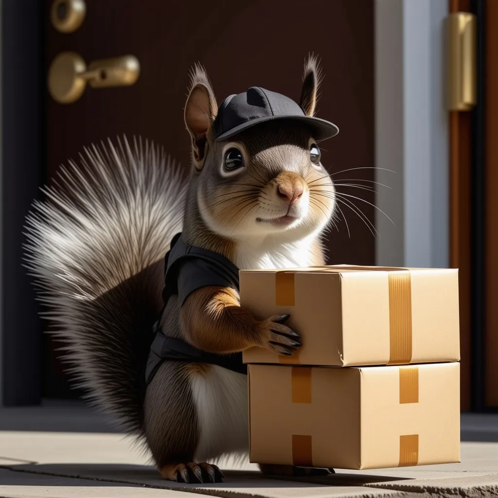 Prompt: ups  cartoon squirrel employee with cap and delivering packages