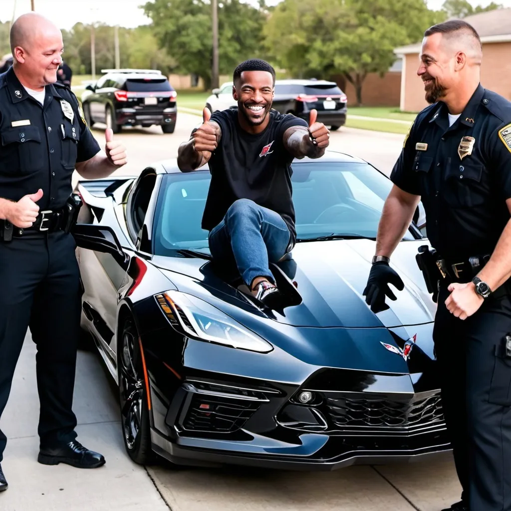 Prompt: Henry Ruggs III sitting in a c8 corvette with a smile and his thumbs up while he is getting arrested