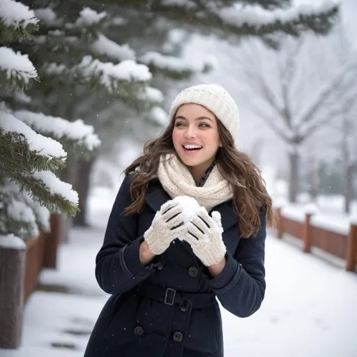 Prompt: A stunning 26-year-old American woman in a stylish winter coat, scarf, and gloves, enjoying a snowy day in a picturesque winter setting. She’s playfully interacting with the snow, perhaps making a snowball or admiring snow-covered trees