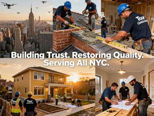Prompt: A cinematic promotional video for a New York–based construction company called Toor Construction. Show fast, smooth aerial drone shots of New York City — Manhattan, Brooklyn, Queens, the Bronx, and Staten Island — transitioning into close-up visuals of professional construction crews at work. Display skilled workers performing roofing, masonry, remodeling, carpentry, plumbing, and electrical installations.

Include scenes of bricklaying, concrete pouring, siding installation, painting, and interior renovation with clean modern designs.

Show workers wearing safety gear with branded ‘Toor Construction’ uniforms, using advanced tools and equipment.

Include shots of project managers reviewing blueprints, teams coordinating on-site, and workers fixing sidewalks and building patios.

Highlight craftsmanship: close-up shots of hands measuring, cutting wood, installing lighting fixtures, sealing roofs, and finishing details.

Show time-lapse transformations of homes and commercial buildings in NYC.

Use warm cinematic lighting, shallow depth of field, high contrast textures, and sweeping camera movements.

End with a powerful hero shot of a completed building exterior at golden hour, with the company slogan appearing in bold clean typography: Building Trust. Restoring Quality. Serving All NYC.

Style: Ultra-realistic, sharp 4K, smooth transitions, dramatic but professional tone.

Mood: Reliable, trustworthy, expert craftsmanship, New York energy.