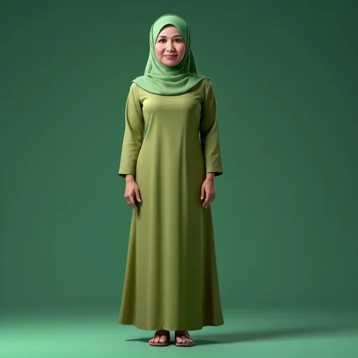 Prompt: Hyperrealistic 3D Carton with big head, 45 year old indonesian woman, slim body, wearing a green dress with hijab, Green background. Use soft photography lighting. Top lighting, side lighting, Quality photo UHD 16K Full body 
