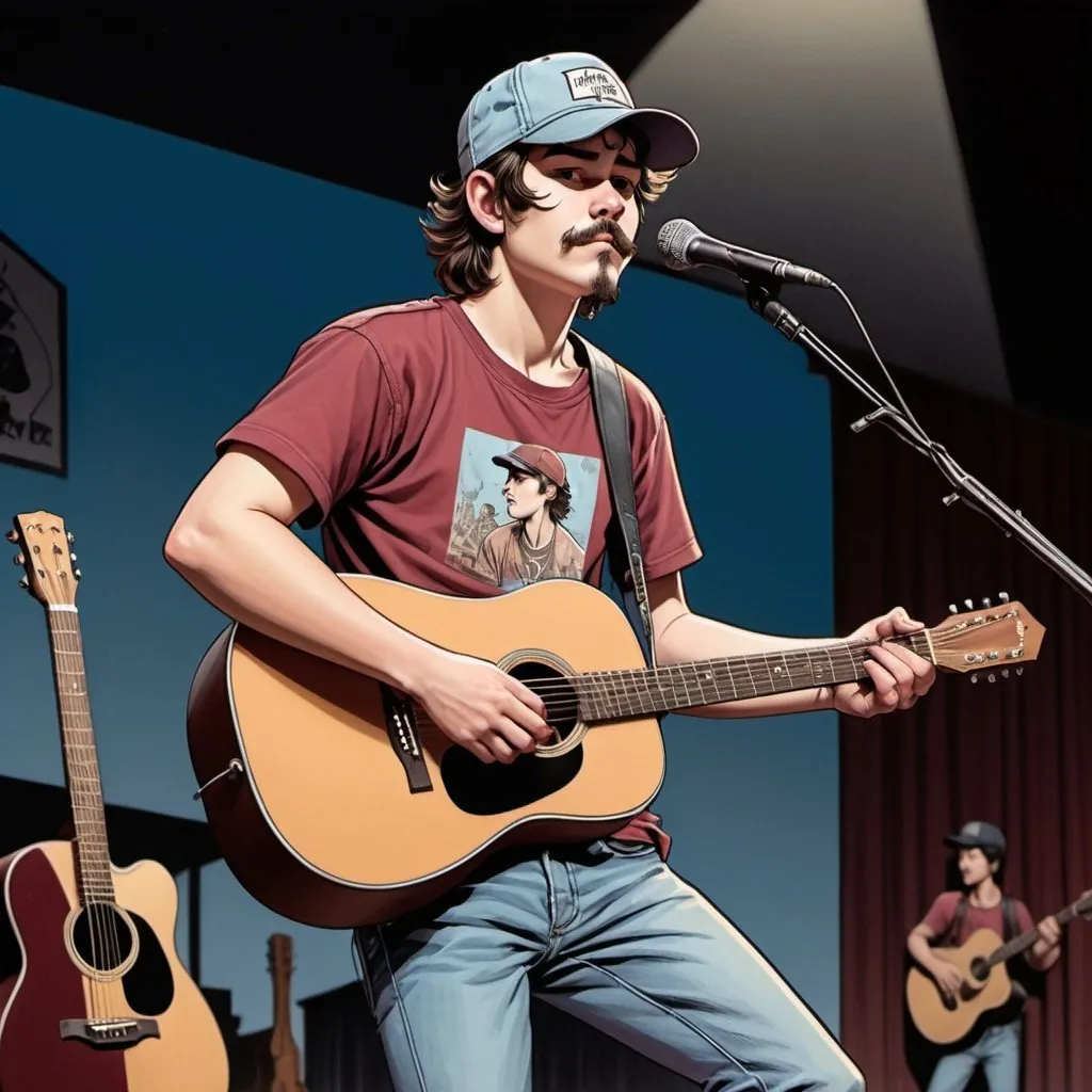 Prompt: slightly chubby Young Man approximately 16 years old with small mustache and small goatee wearing trucker hat and small mullet, on stage with acoustic guitar, wearing maroon t-shirt, no jacket, black shoes, light blue denim jeans, detailed, dark colors, dramatic, graphic novel illustration,  2d shaded retro comic book