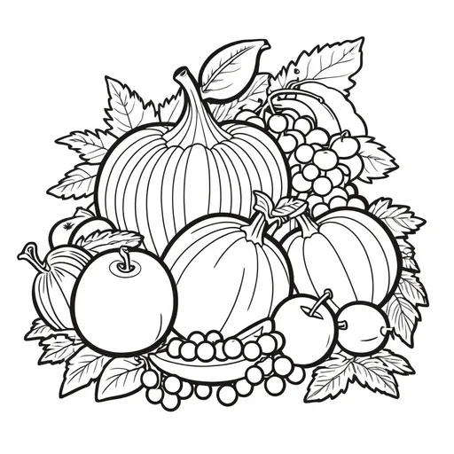 Prompt: B&W coloring book page, cornucopia with fruit, line art, solid white background