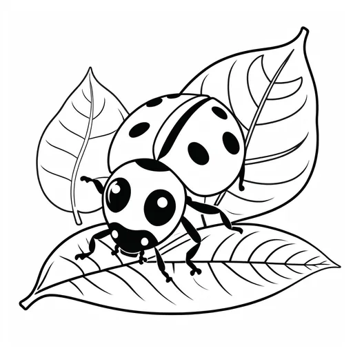 Prompt: B&W coloring book page, smiling ladybug on a leaf, line art, solid white background