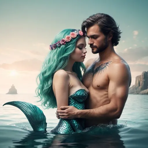 Prompt: make a mermaid. that is dead.
with a cute human man holding 
her 