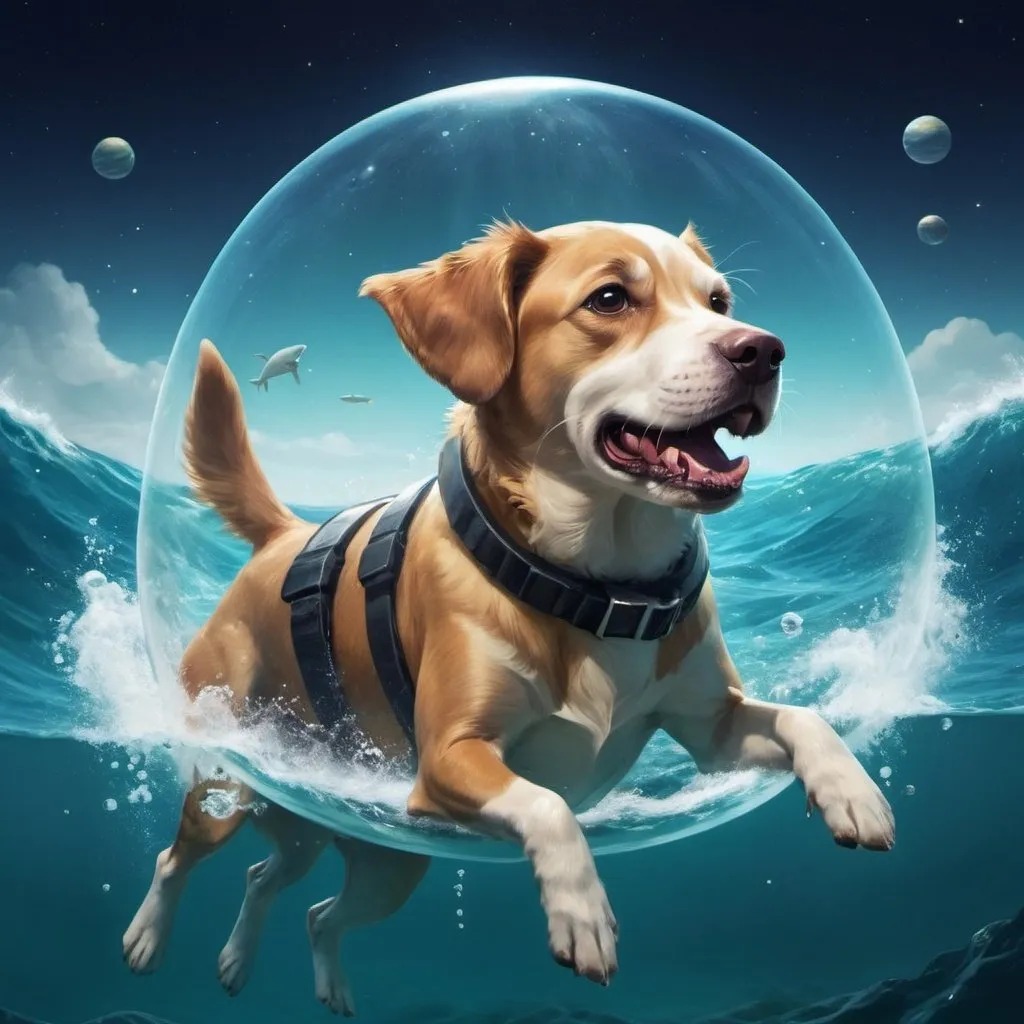 Prompt: make a dog in the ocean in a space sute 