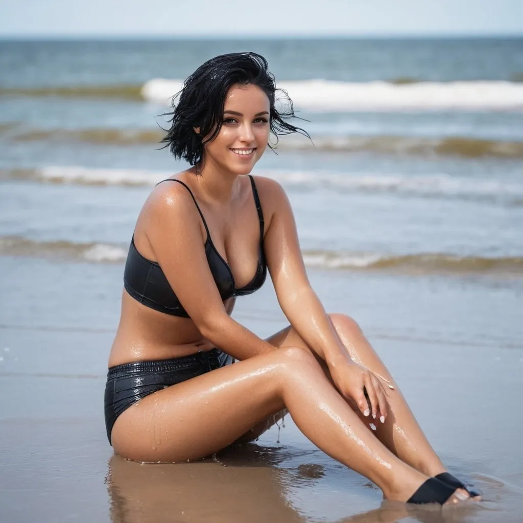 Prompt: young women, sitting on the beach, black hair, danish nationality, wearing shorts, wet skin, show both hands and both legs