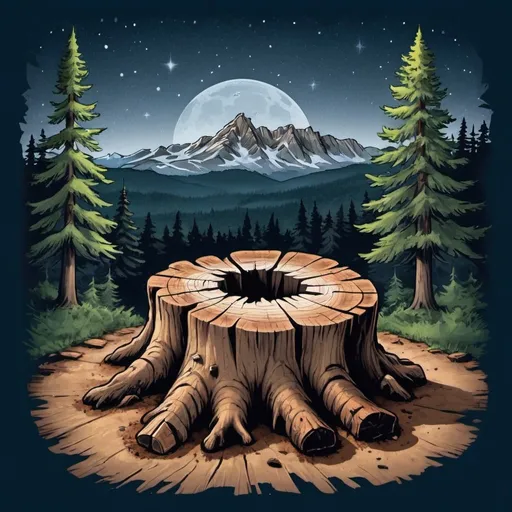 Prompt: single color T-shirt print design, center a large tree stump, boot prints lead to the stump, fir trees and Cedar trees form a forest in the background with a mountain visible in a gap in the trees, night sky, boot prints in the foreground