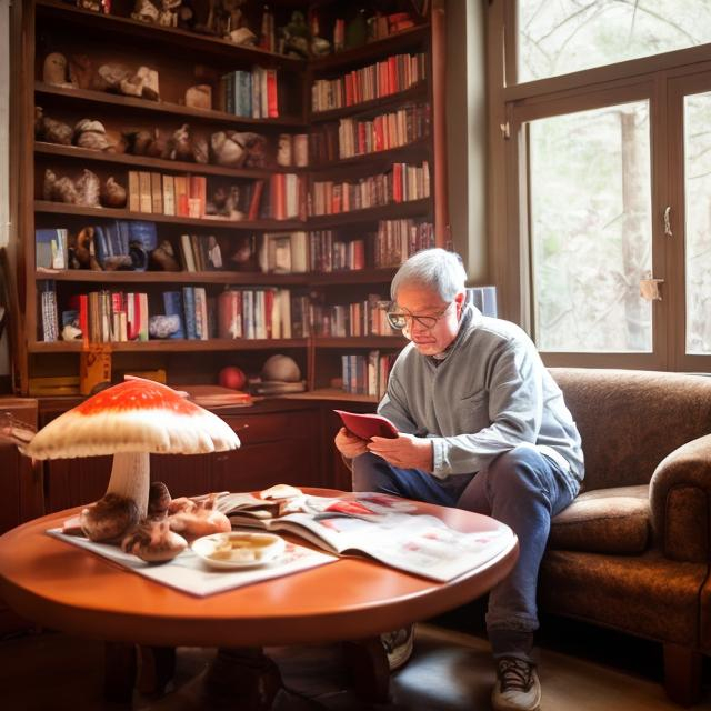 Prompt: Middle  age man sit on sofa and read a book about mushroom ,red mushroom sit in the table.