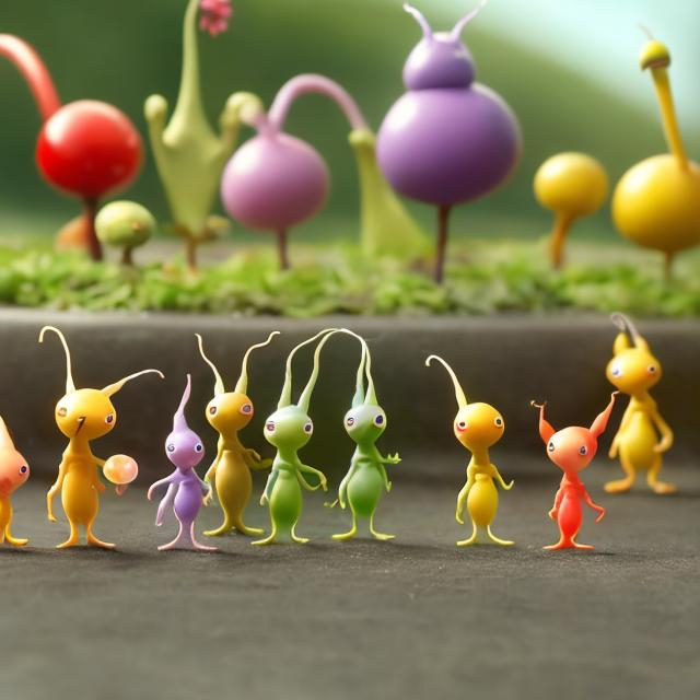 Prompt: Army of Pikmin characters being fun and whimsical