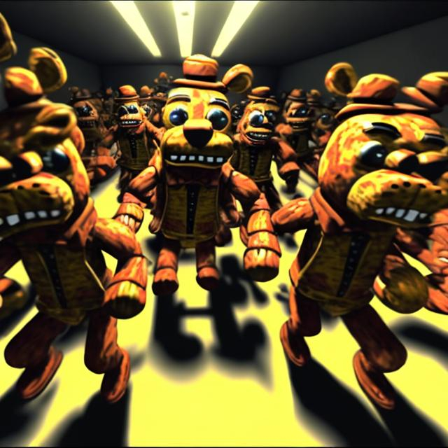 Prompt: army of freddy fazbear running into war