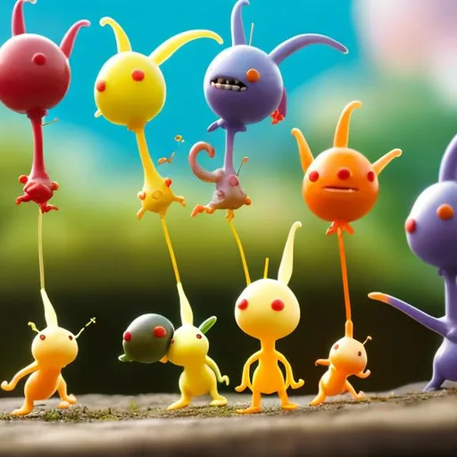 Prompt: Army of Pikmin characters being fun and whimsical