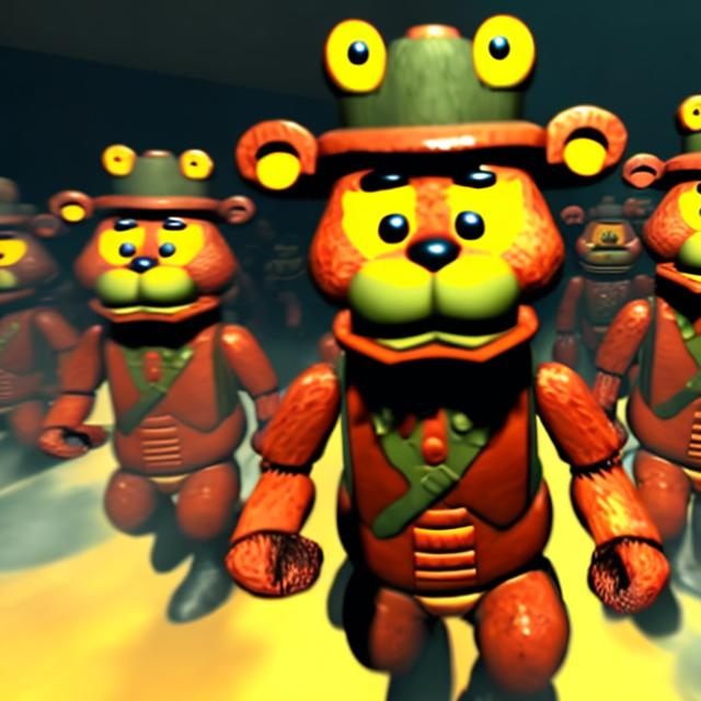 Prompt: army of freddy fazbear running into war