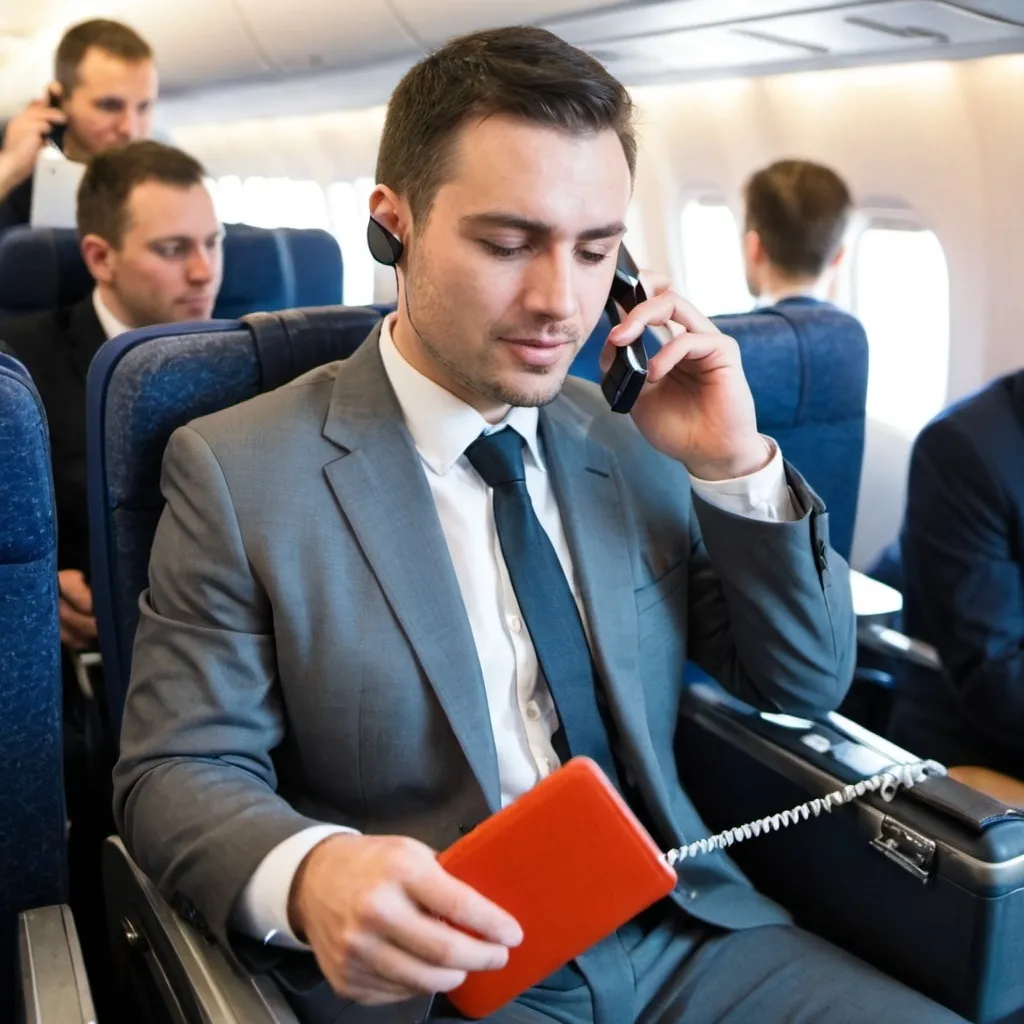 Prompt: On a business trip, on the phone while boarding the plane