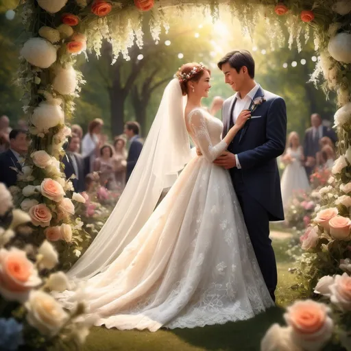 Prompt: (wedding scene), (Calvin & 4BigC Union), elegant woman in a beautiful wedding dress, adorned with delicate lace, joyous atmosphere, soft natural lighting, surrounded by blooming flowers, an enchanting backdrop of trees and fairy lights, intimate setting, guests smiling, ultra-detailed, vibrant colors, capturing love and celebration in a perfect moment.