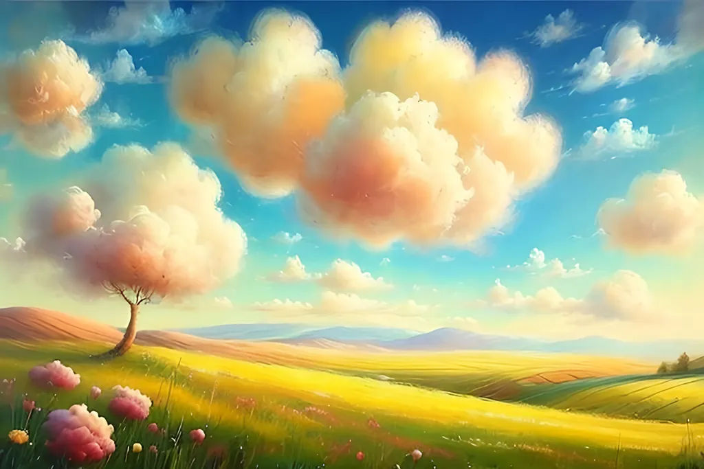 Prompt: Dreamy Summer Meadow, Vintage Landscape Painting, Puffy clouds, high-quality