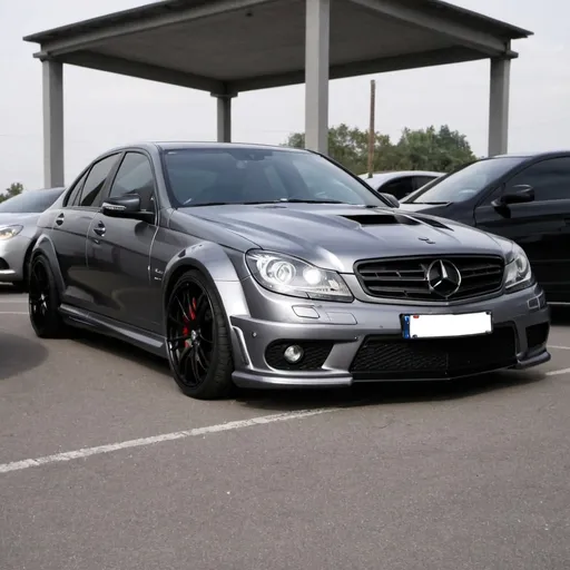 Prompt: I want a nardi grey c63w204 4 door with black bonnet and black rims also make all the badges and grills black