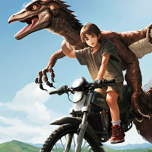 Prompt: 10 year old Boy with medium length dark blond hair riding a velociraptor