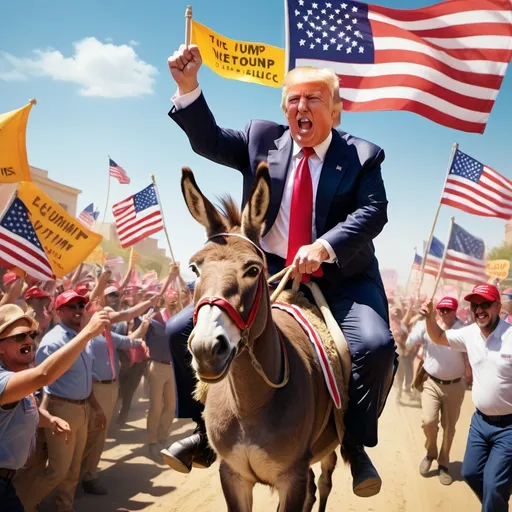 Prompt: create photo of donald trump riding donkey to his political rally