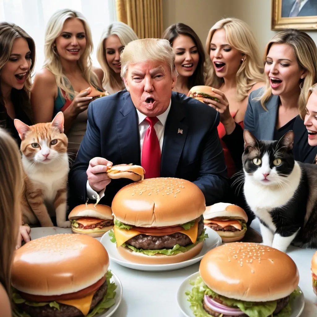 Prompt: Create a photo of Donald trump eating huge hamburgers surrounded by many women with cats. 